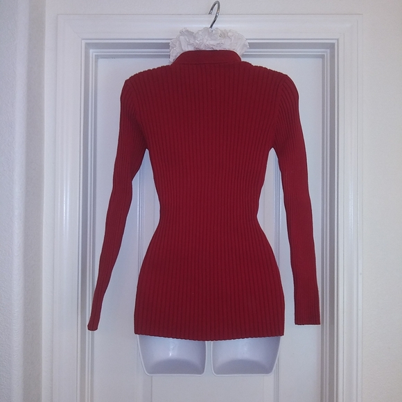 Sara I. Red Ribbed Ruffle Collar V Neck Sweater - Picture 2 of 6